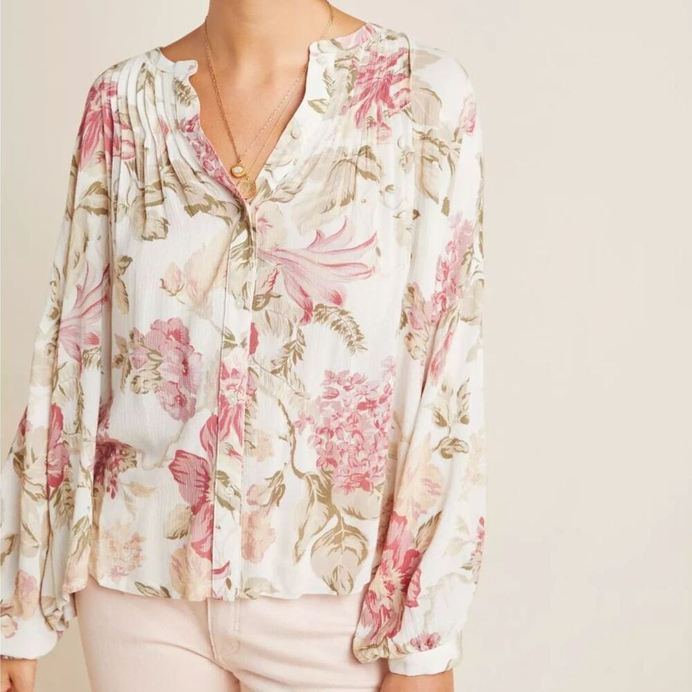 Frye X Anthropologie Elden Floral Long Sleeve Button Down Peasant Blouse Sz XS